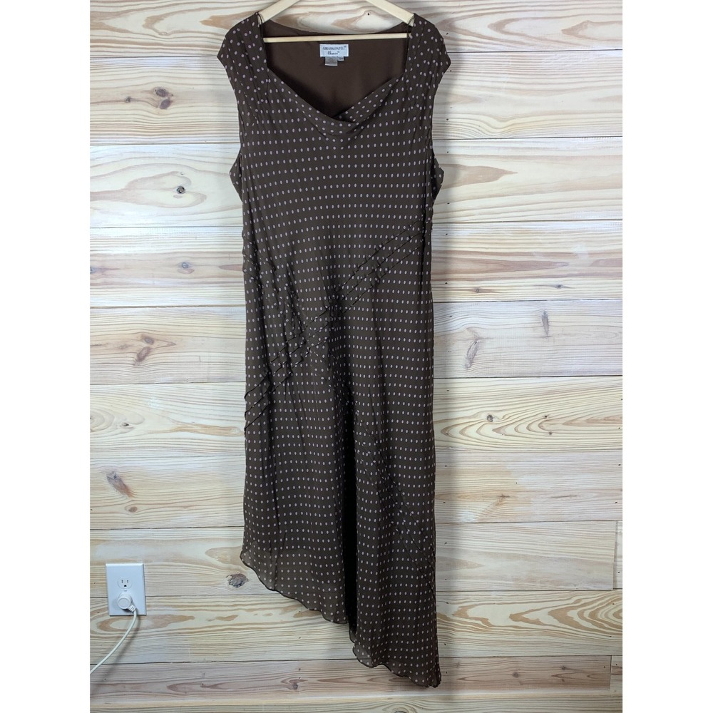 Vtg 90s Adrianna Papell Woman 22W Dress 100% Silk Brown Polka Dot Asymmetric Y2K